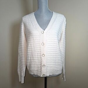 Cyrus White Textured Knit Cardigan Sweater Button Front Gold Rim Buttons Women M